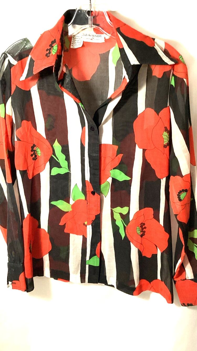 Vintage Womens S Red Poppy Floral Stripe Button Shirt Retro Top Sheer 70s Disco
